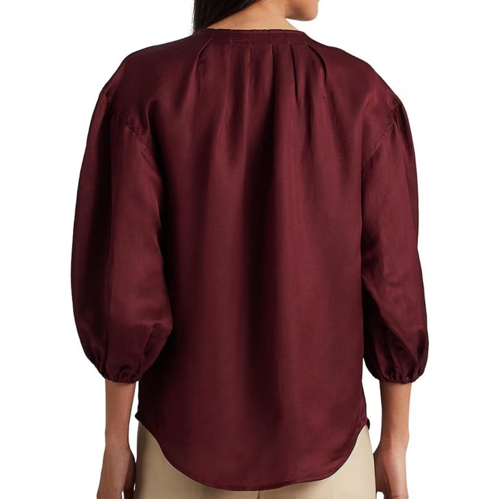 Ralph Lauren Shantung Blouson Sleeve Round Neck Quarter Zip Blouse Gold Zipper - Picture 3 of 8